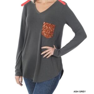 Women's Ash Grey Sequin Pocket Top